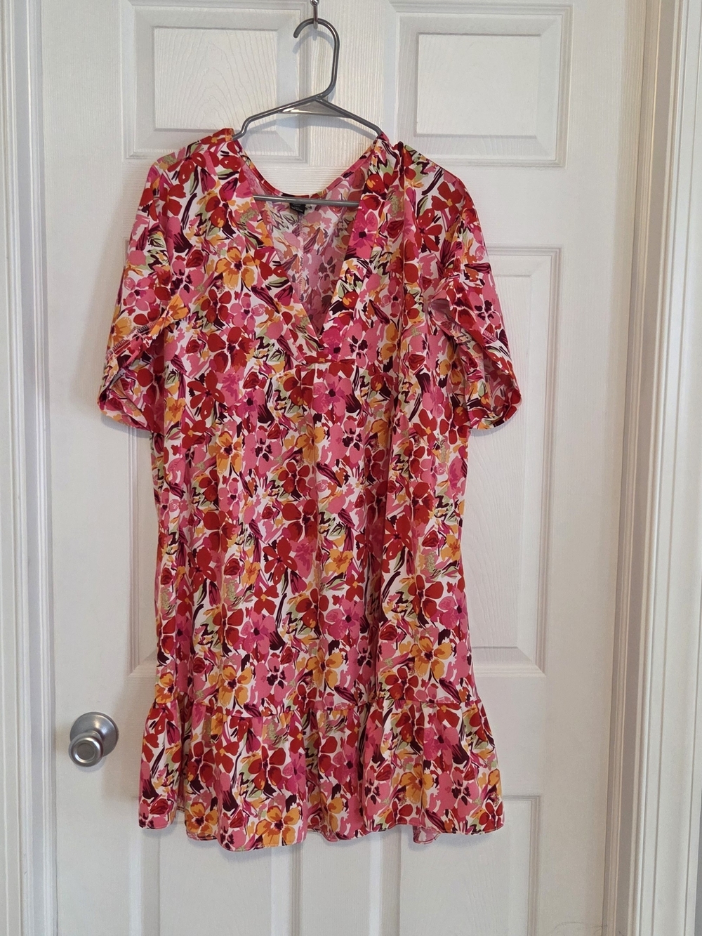 SHEIN Pink Multi Floral V-Neck Midi Dress